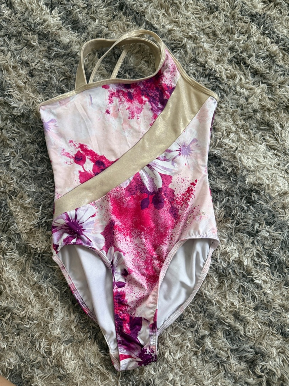 Girls Pink Floral One-Piece leotard with Gold Accent